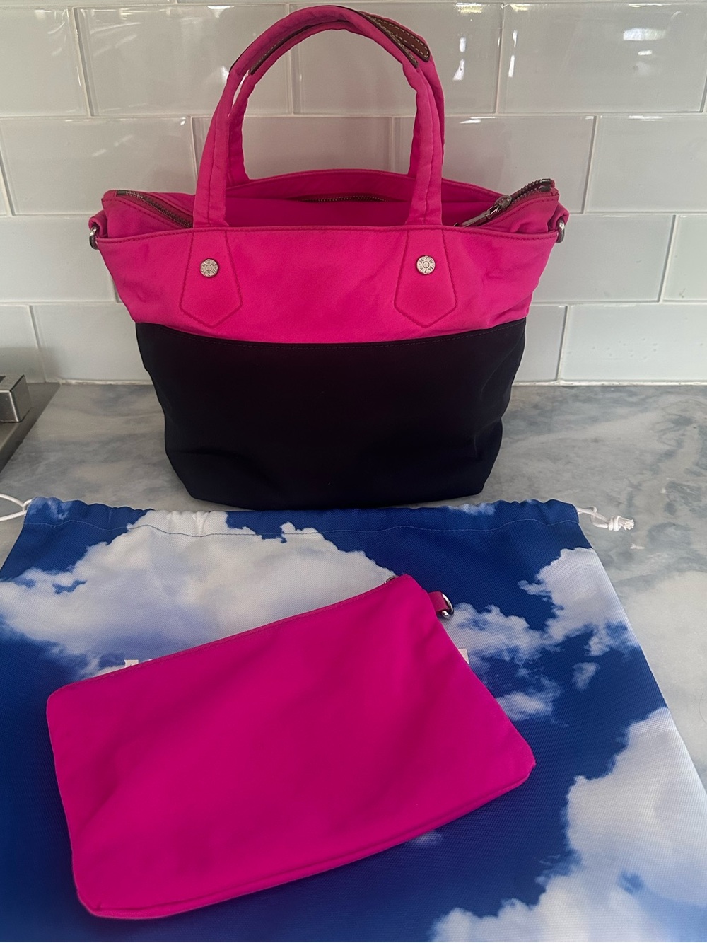 Mz Wallace Mini Soho Tote Punch Pink Upper & Deep Navy Lower Mint View 3